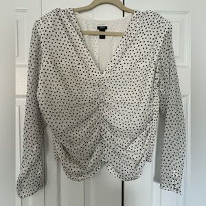 Express Polka Dot V-neck Long Sleevee Rouched Front Top, Size XL, white/black